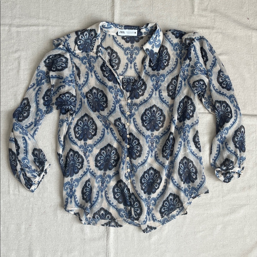 Blue, cream and gold sheer Zara v neck collared button up blouse